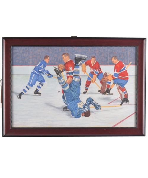 Jacques Plante and the Montreal Canadiens vs Toronto Maple Leafs Original 1950s Tex Coulter Framed Painting (15 ½” x 22 ½”) 