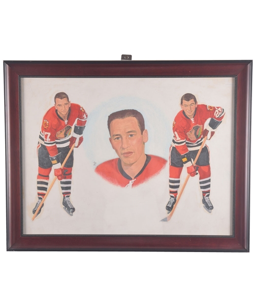 Stan Mikita, Pierre Pilote and Kenny Wharram Original 1960s Tex Coulter Framed Painting (17 ½” x 22 ½”)