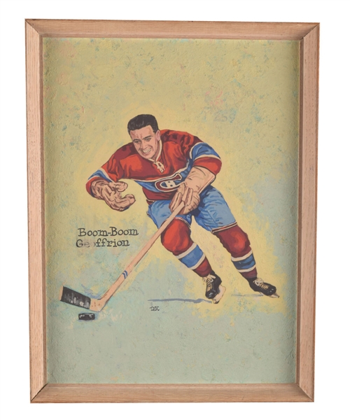 Boom Boom Geoffrion Montreal Canadiens Original Tex Coulter Framed Painting used for 1960 Montreal Forum Program Cover (14” x 18 ½”) - Same Image as His 1951-52 Parkhurst RC Card! 