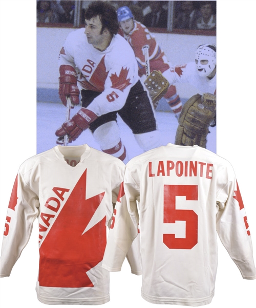 Guy Lapointes 1976 Canada Cup Team Canada Game-Worn Jersey - Photo-Matched to Tournament Game-Winning Game #2 of Final!