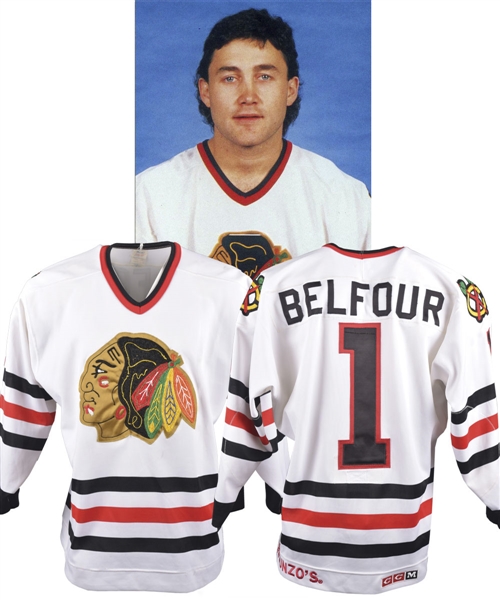 Ed Belfours Late-1980s Chicago Black Hawks Game-Worn Pre-Season Pre-Rookie Jersey