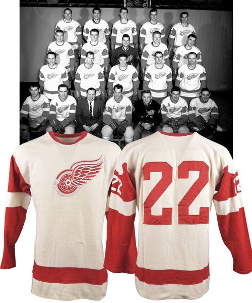 Late-1950s Detroit Red Wings #22 Game-Worn Wool Jersey - Team Repairs!