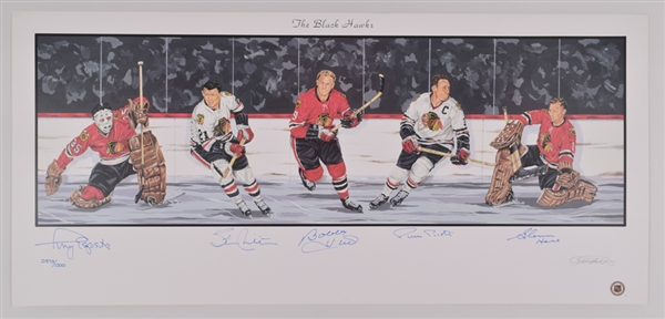 Chicago Black Hawks Limited-Edition Lithograph Autographed by 5 HOFers with LOA (18" x 39")