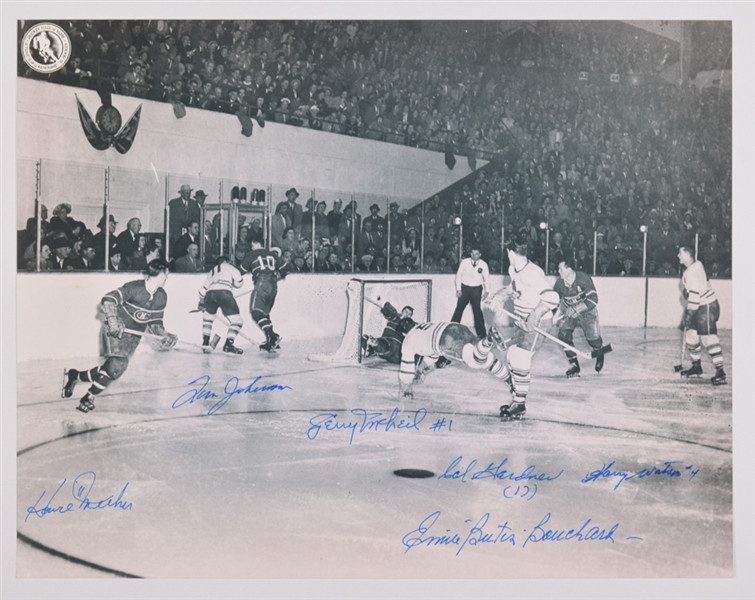 Multi-Signed Leafs/Canadiens Photo of Bill Barilkos Famous 1951 Goal with LOA (11” x 14”)