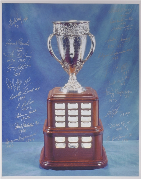 NHL Calder Memorial Trophy Past Winners Multi-Signed Photo by 21 with Inscriptions Including Bure, Leetch, Robitaille and Belfour with LOA (16” x 20”)