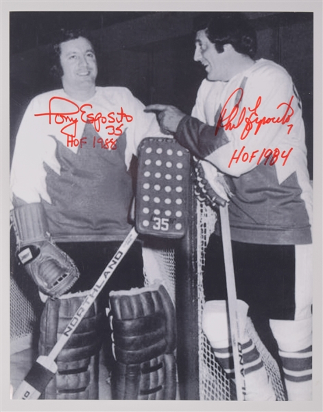 Tony and Phil Esposito 1972 Summit Series Signed Photo and Pucks (2) with LOA