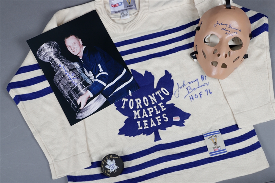 Johnny Bower Toronto Maple Leafs Signed Collection of 4 including Vintage-Style Goalie Mask, Jersey, Photo and Puck with LOA