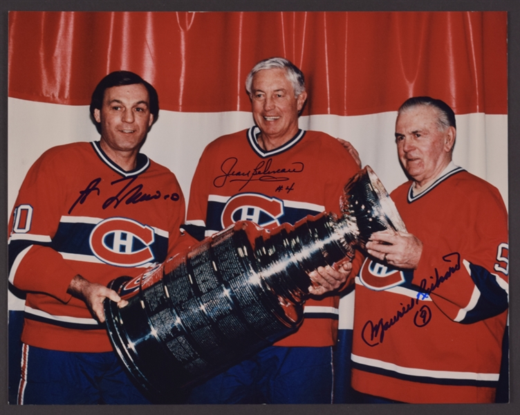 Montreal Canadiens Legends Maurice Richard, Jean Beliveau and Guy Lafleur Triple-Signed Photo with LOA (11" x 14")