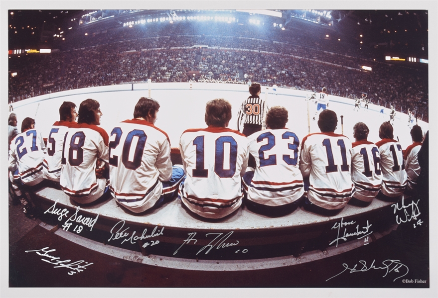 Montreal Canadiens "The Bench" Multi-Signed Photo by 7 with Lafleur, Lapointe, Savard and Henri Richard with LOA (10" x 15")