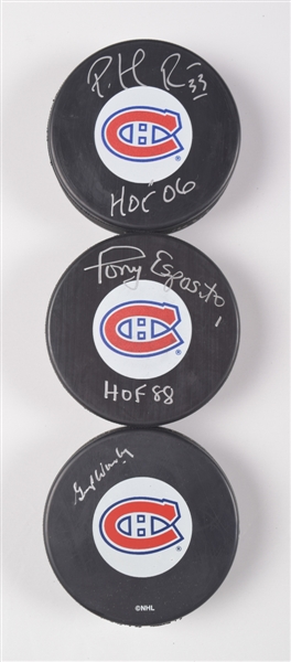 Hall of Fame Goalie Signed Puck Collection of 9 Including Roy, Worsley, Vachon and Francis with LOA 