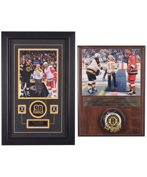 Milt Schmidts Boston Bruins October 2nd 1999 "Final Opening Faceoff of 20th Century" and October 14th 2013 "90th Anniversary" Ceremonial Puck Drop Plaques with LOA