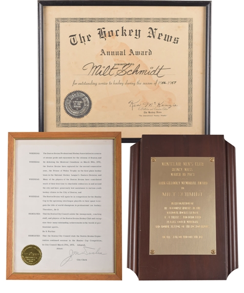 Milt Schmidts 1956-57 "The Hockey News" Award, 1972 City of Boston "Prince of Wales Trophy-Clinching" Letter of Achievement and 1973 "John Gillooly Memorial Award" Plaque with LOA