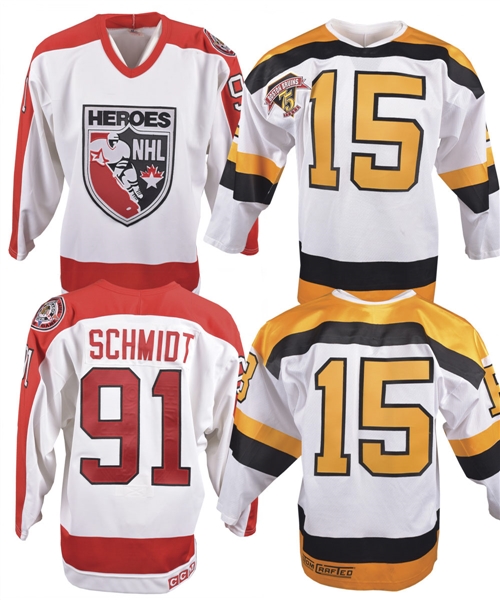 Milt Schmidts Memorabilia Collection of 5 Including 1991 Heroes of Hockey Jersey and 1998-99 Bruins Jersey with 75th Patch - With LOA
