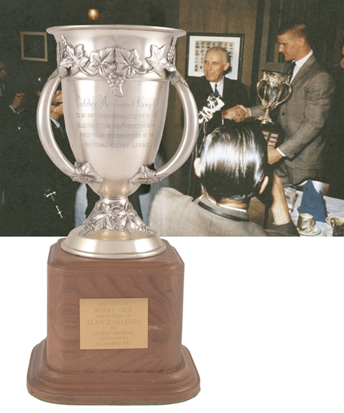 Bobby Orr 1966-67 Calder Memorial Trophy Replica Presented to Alan Eagleson in 1972 with His Signed LOA (13") 