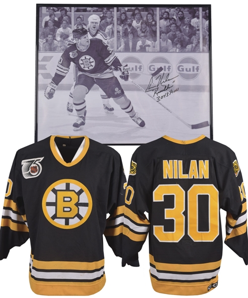 Chris Nilans 1991-92 Boston Bruins Game-Worn Photo-Matched Jersey with 75th Patch Plus Signed Framed Photo (16” x 20”) 
