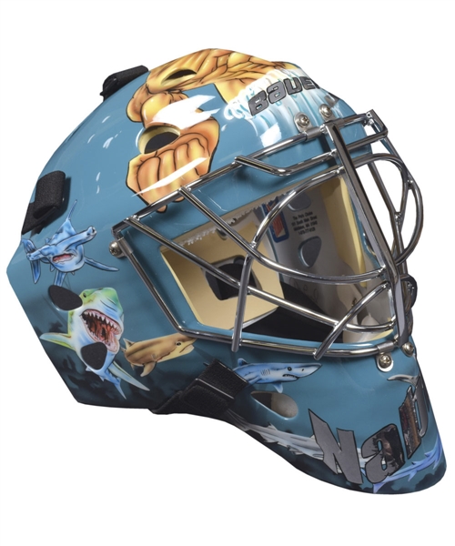 Evgeni Nabokovs Mid-2000s San Jose Sharks Pro Return Goalie Mask by Dom Malerba / Dan Lessard