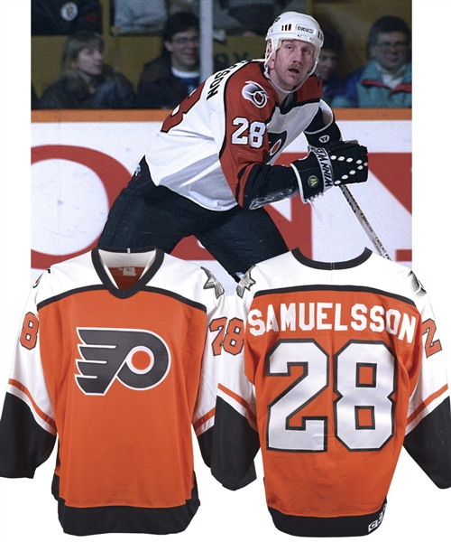 Kjell Samuelssons 1991-92 Philadelphia Flyers Game-Worn Jersey with LOA - Flyers 25th and NHL 75th Patches!