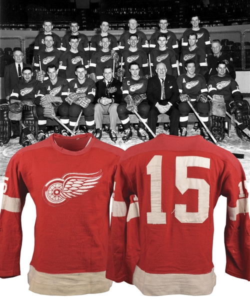 Detroit Red Wings 1957-58 Game-Worn Wool Jersey with LOA - Team Repairs!