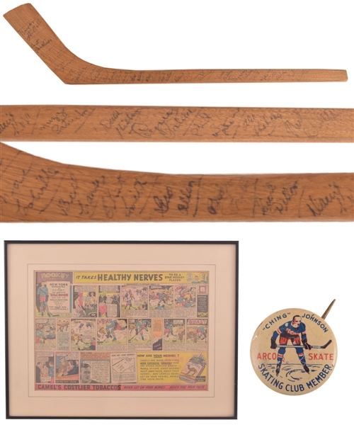 New York Rangers 1938-39 Team-Signed Mini Stick by 18 Including 6 Deceased HOFers Plus 1930s Ching Johnson Pin and 1934 Bill Cook Framed Camel Ad