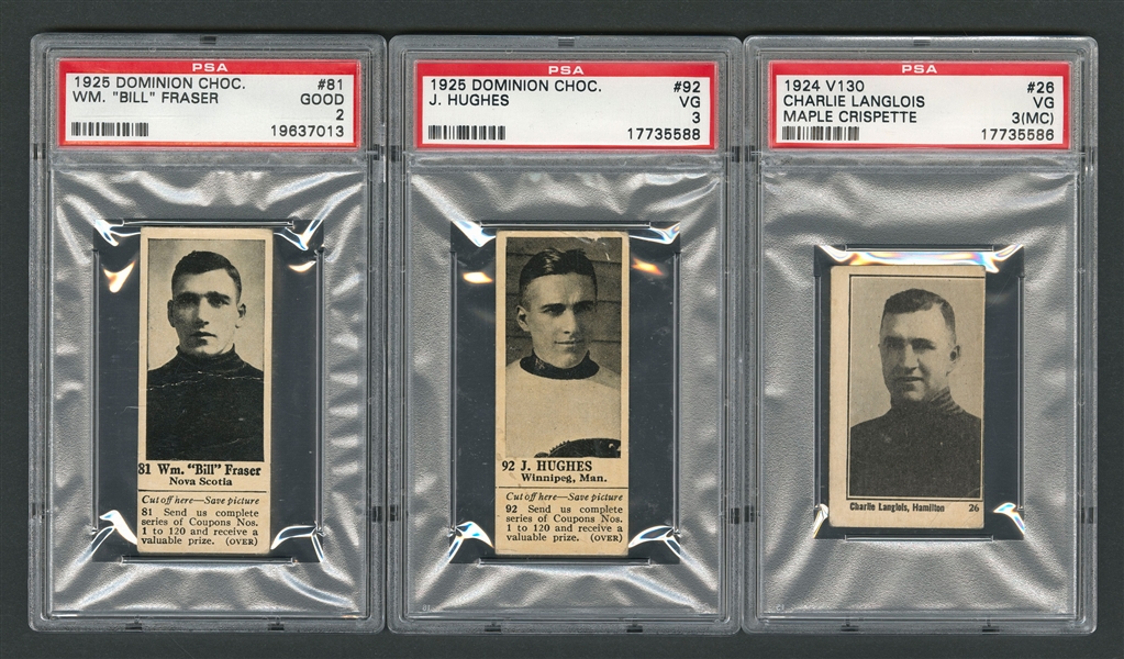 1923-24 William Patterson (V145-1), 1924 Willards Chocolate (V122), 1924-25 Maple Crispette (V130) and 1925 Dominion Chocolate Athletic Stars Hockey Card Collection of 11