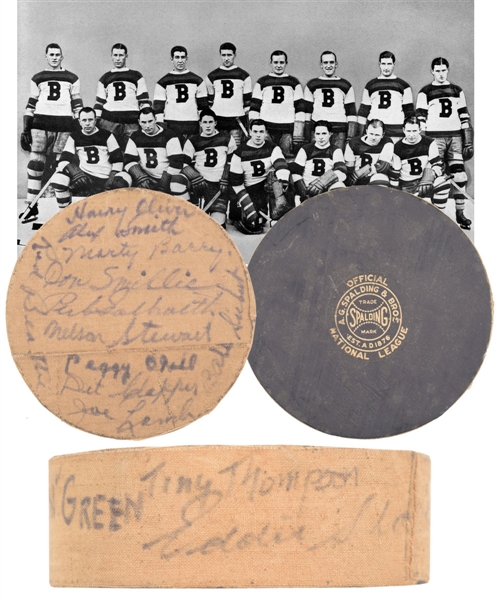 Boston Bruins 1933-34 Team-Signed Spalding Puck by 13 Including 6 Deceased HOFers - Siebert, Shore, Stewart, Barry, Clapper and Oliver