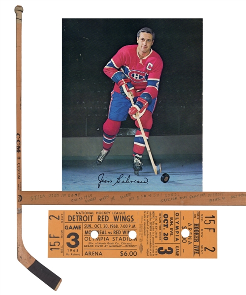Jean Beliveaus October 20th 1968 Montreal Canadiens 500th NHL Career Goal (Regular Season and Playoffs) Game-Used Stick with Annotation