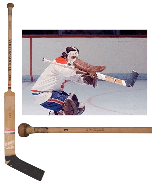 Rogatien Vachons Early-1970s Montreal Canadiens Victoriaville Game-Used Stick Signed by Vachon, Myre and Dryden