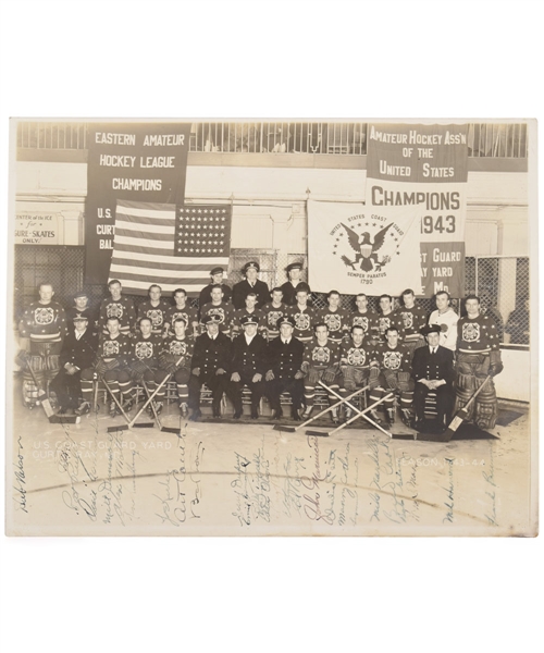 Scarce 1943-44 U.S. Coast Guard Cutters Team-Signed Team Photo by 28 Including Deceased HOFers Coulter, Brimsek and Mariucci