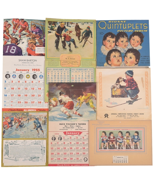 Vintage 1910s-1980s Hockey Calendar Collection of 5 Including 1937 Dionne Quintuplets Hockey Calendar