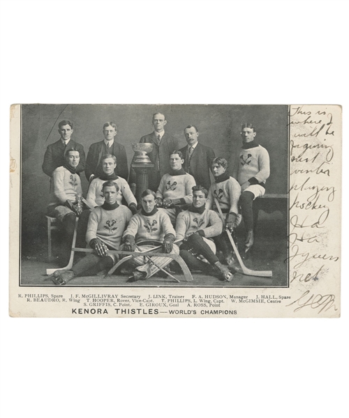 Kenora Thistles 1907 Stanley Cup Champions Team Photo Postcard Including HOFers Joe Hall, Tommy Phillips, Tom Hooper and Art Ross