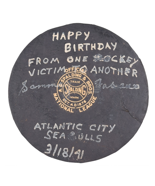 Vintage 1931-42 Spalding Official NHL Game Puck with 3/18/1941 Handwritten Annotation from EHL Atlantic Seagulls Player Sammy Fasano