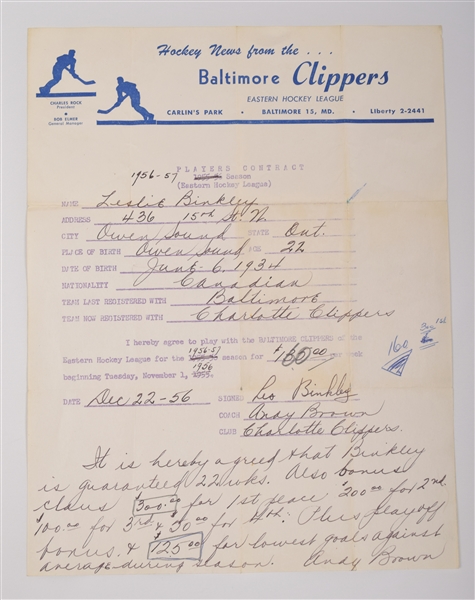 Harry Pidhirnys 1966-67 Springfield Indians Coach Contract Signed by Eddie Shore with Shore Family LOA Plus Plantes 1965 Assignment Agreement to Clippers and Binkleys 1956-57 Clippers Contract