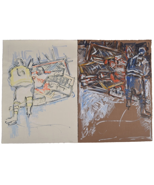 Pair of Original Water Color Hockey Paintings by Rifka (19 ½” x 26 ½”) 