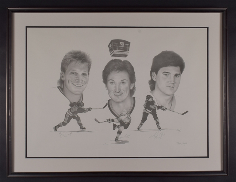 Gretzky, Lemieux and Hull Triple-Signed Joe Theiss "50 Goals in Under 50 Games" Limited-Edition Framed Lithograph #229/1000 (33” X 43”) 