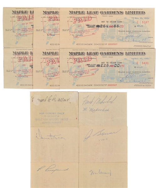 Maple Leaf Gardens 1965-66 Signed Payroll Check Collection of 6 Including Deceased HOFers Clancy, Bower and Ballard and HOFers Mahovlich, Keon and Pulford with JSA LOAs