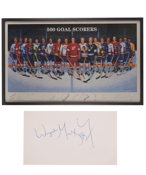 500-Goal Scorers Framed Lithograph Autographed by 17 Including Richard, Beliveau and Howe (24” x 38 ½”) Plus Wayne Gretzky Autograph 