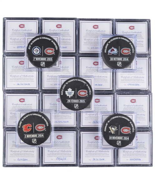 Montreal Canadiens 2014-16 Official Practice-Used Puck Collection of 45 - Most with Team COAs