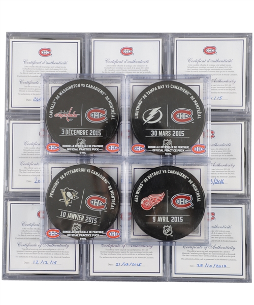 Montreal Canadiens 2014-16 Official Practice-Used Puck Collection of 49 - Most with Team COAs