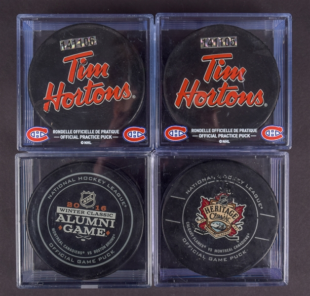 Montreal Canadiens / Calgary Flames 2011 NHL Heritage Classic Official Game Puck (1) and Official Practice Pucks (2) with LOAs Plus 2016 Winter Classic Alumni Game Game Puck