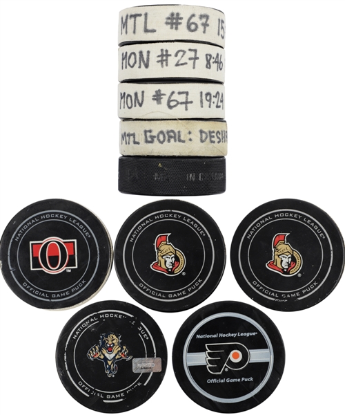 Montreal Canadiens 2008-2015 Goal Pucks (5) with Pacioretty, Galchenyuk, Plekanec and Desharnais