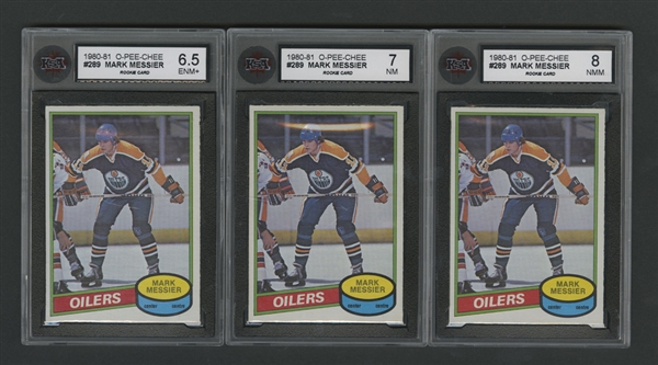 1980-81 O-Pee-Chee Hockey #289 HOFer Mark Messier KSA-Graded Rookie Cards (3) and 1981-82 O-Pee-Chee #111 HOFer Paul Coffey RC Graded PSA 8