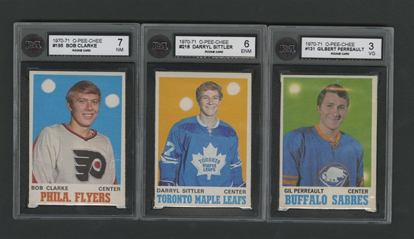 1970-71 O-Pee-Chee Hockey KSA-Graded Rookie Cards of Bob Clarke, Darryl Sittler and Gilbert Perreault