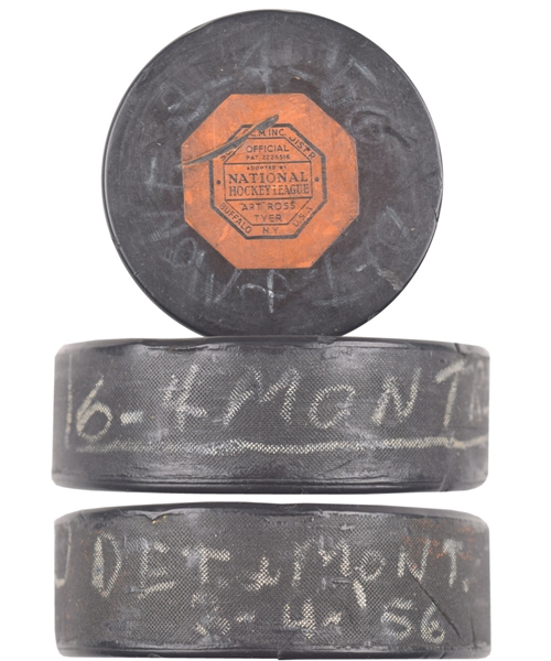 Montreal Canadiens vs Detroit Red Wings March 4th 1956 Art Ross Game Puck with Notations