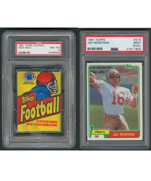 1981 Topps Football Card #216 HOFer Joe Montana RC (PSA 9 OC) Plus 1981 PSA-Graded Topps Football Wax Packs (5)