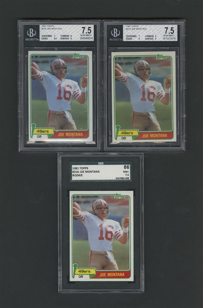 1981 Topps Football Card #216 HOFer Joe Montana Graded Rookie Card Collection of 5 