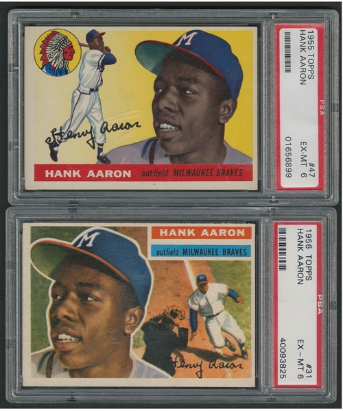 HOFer Hank Aaron 1955 Topps Baseball Card #47 (Graded PSA 6) and 1956 Topps #31 (Grey Back - Graded PSA 6)