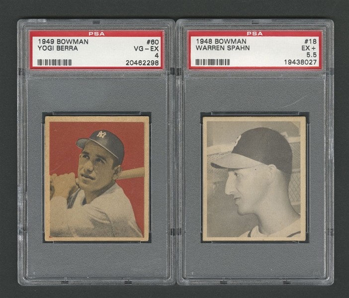 1948 Bowman Baseball Card #18 HOFer Warren Spahn RC Card (Graded PSA 5.5) and 1949 Bowman #18 HOFer Yogi Berra (Graded PSA 4)
