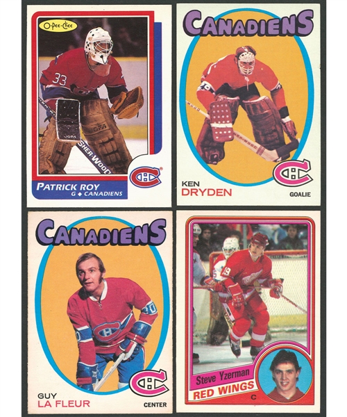 1971-72 Topps #45 HOFer Ken Dryden RC, 1971-72 O-Pee-Chee #148 Guy Lafleur RC, 1984-85 O-Pee-Chee #67 Steve Yzerman RC and 1986-87 O-Pee-Chee #53 Patrick Roy RC