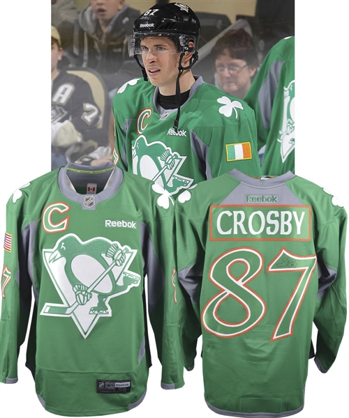 Sidney Crosbys March 16th 2014 Pittsburgh Penguins "St. Patricks Day" Signed Warm-Up Worn Captains Jersey with Team LOA - Photo-Matched!