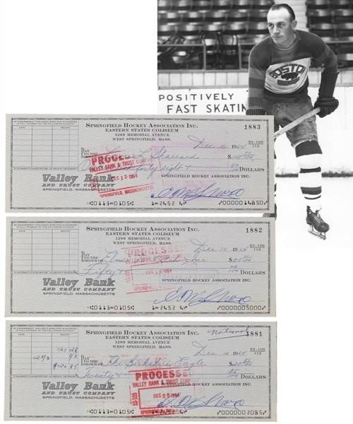 Deceased HOFer Eddie Shore Springfield Hockey Association Signed Checks (3) with LOA